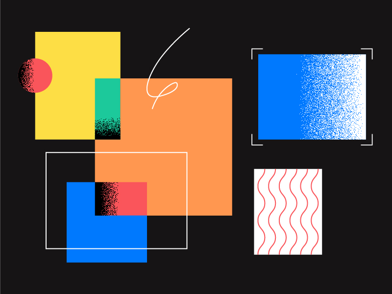 Motif géométrique abstrait sur fond noir, composé de rectangles, de carrés et de cercles colorés qui se chevauchent — idéal pour les moodboards ou pour explorer le processus de création d'une identité visuelle. Comprend des formes bleues, jaunes, orange, rouges et vertes, avec des dégradés et des lignes ludiques.