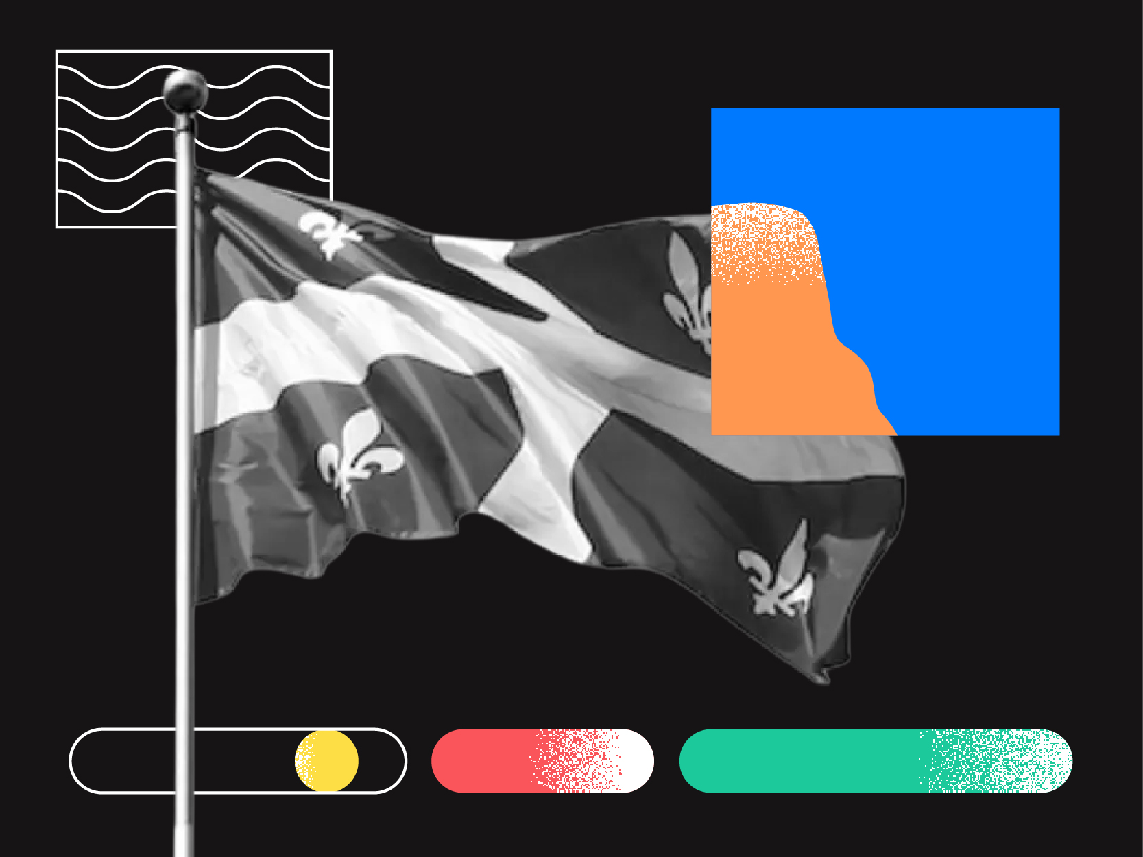 Un drapeau noir et blanc orné de fleurs de lys flotte au bout d'un mât, sur lequel se superposent, sur un fond sombre, des formes abstraites — notamment un bloc bleu et orange, des lignes ondulées et des curseurs colorés — qui rappellent les enseignes commerciales québécoises.