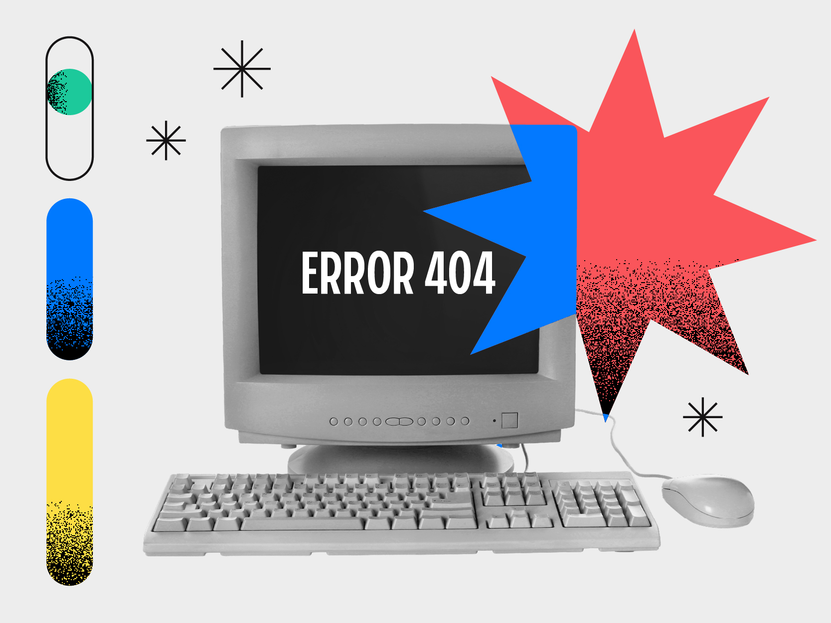 Un écran d'ordinateur vintage affiche le message « ERROR 404 » : un signe indéniable qu'il est temps de refondre votre site web. L'installation comprend un clavier, une souris et un arrière-plan orné de formes abstraites et de dégradés de couleurs.