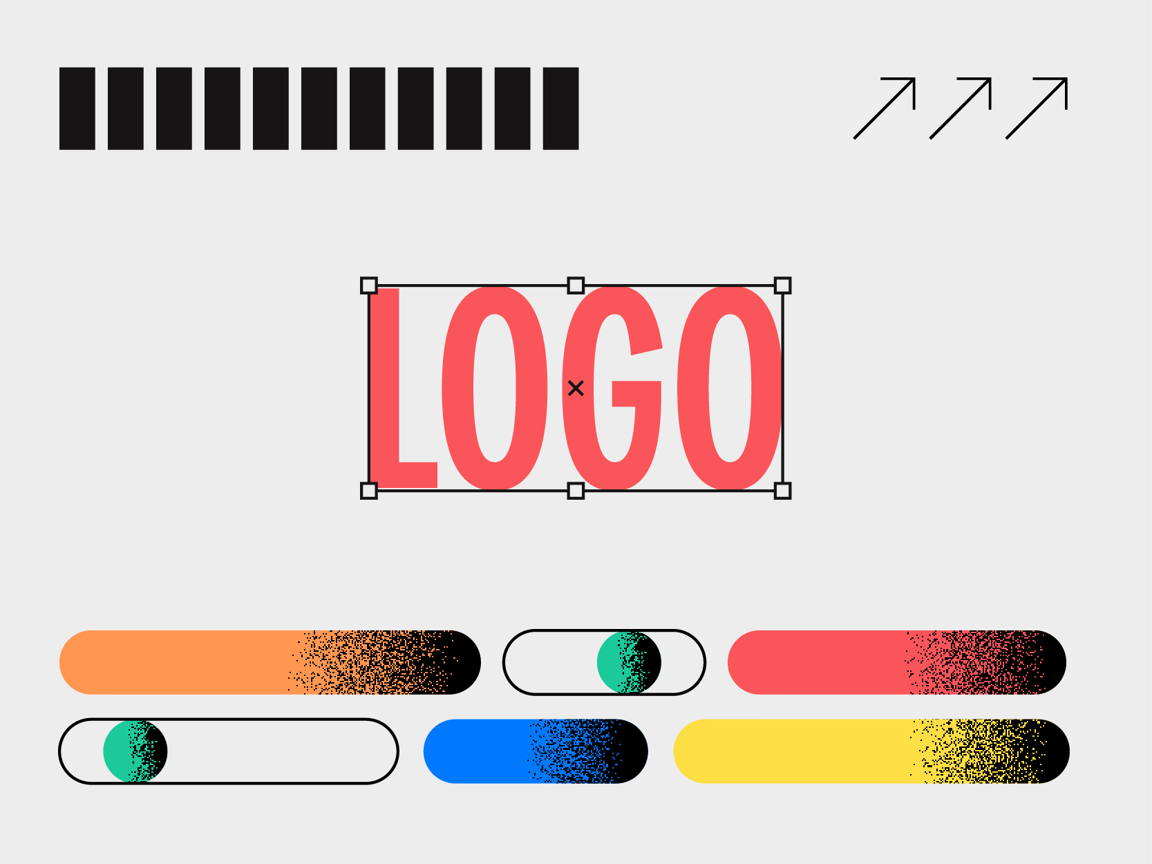 Motif abstrait composé d'un grand « LOGO » rouge dans une case à cocher, de barres noires, de trois flèches en diagonale et de six boutons aux dégradés colorés sur un fond gris clair — idéal pour renforcer votre image de marque ou moderniser votre logo.