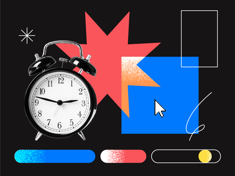 Un réveil, des formes abstraites, un curseur d'ordinateur et des barres de progression sont disposés sur un fond noir agrémenté d'éléments géométriques colorés — l'illustration idéale pour présenter le calendrier de refonte d'un site web ou partager des astuces créatives en matière de conception de sites web.