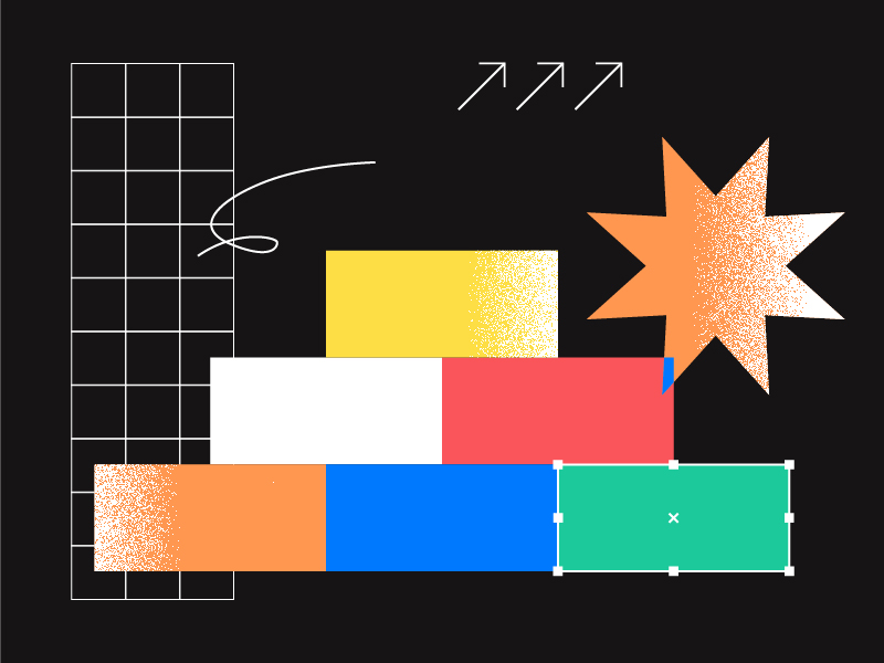 Illustration abstraite composée de rectangles colorés empilés sur un fond noir, d'une grille blanche à gauche, d'un rayonnement orange à droite, de trois flèches pointant vers le haut et d'une ligne ondulée au-dessus des blocs afin de renforcer l'image de marque.