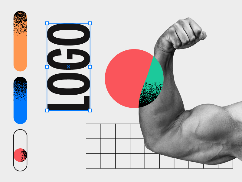 Un bras musclé tendu à côté du mot « LOGO » écrit verticalement, avec des formes géométriques, des dégradés de couleurs et un motif en grille sur un fond gris clair — symbolisant une identité de marque forte.