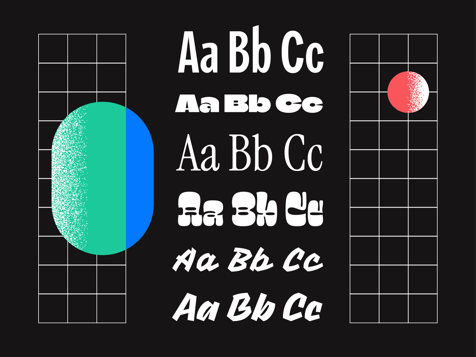 Sur un fond noir, six paires de « Aa Bb Cc » en différentes polices sont disposées au centre, soulignant l'importance de la typographie dans l'identité de marque. Des formes géométriques et des lignes de quadrillage blanches ornent les deux côtés : un ovale turquoise à gauche et un cercle rose à droite, chacun partiellement parsemé de taches blanches.