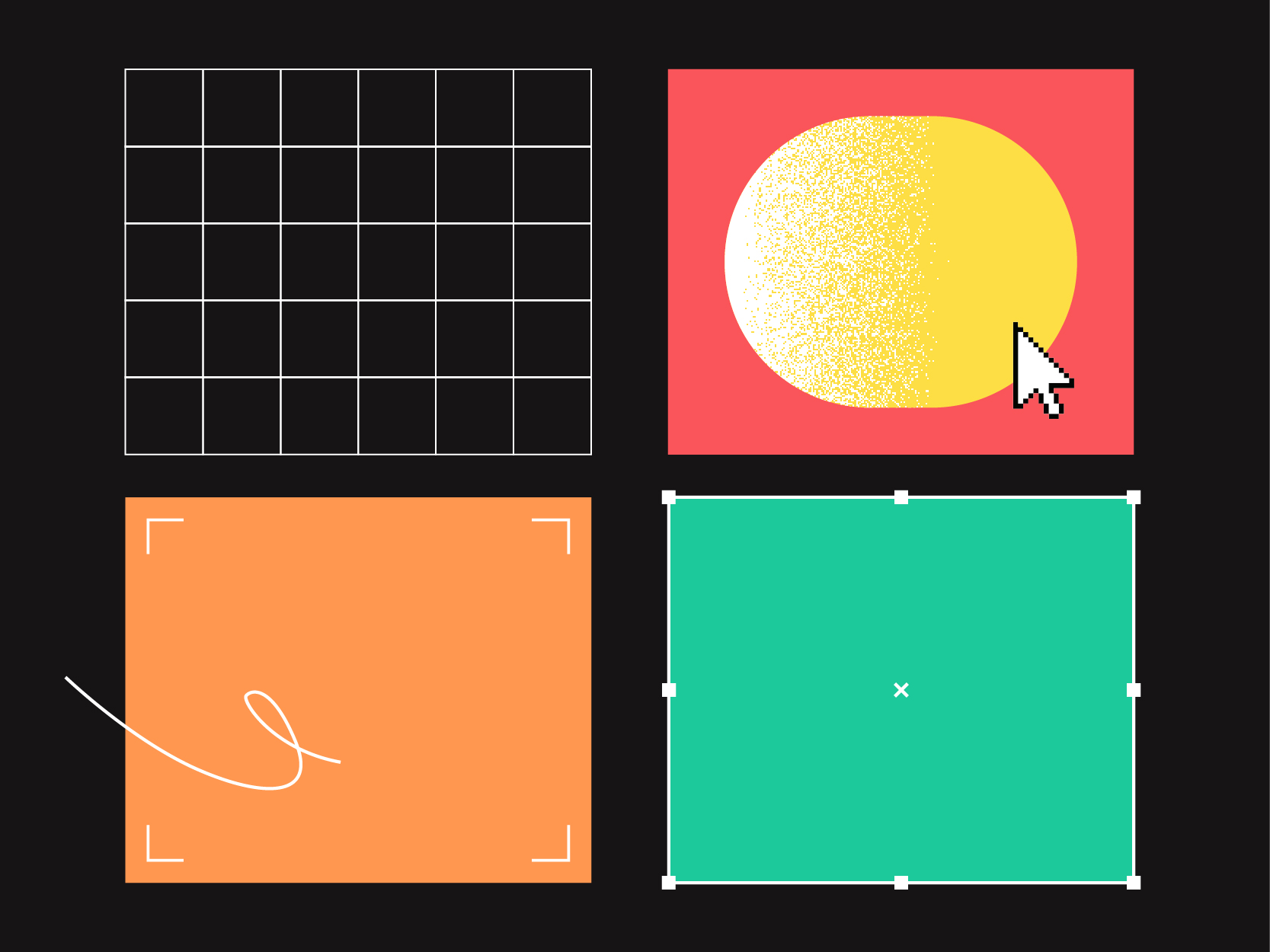 Une grille composée de quatre rectangles colorés : une grille noire sur fond blanc, un ovale jaune sur fond rouge avec un curseur, un carré orange avec un gribouillis blanc et un carré vert avec des poignées de redimensionnement — reflétant les tendances en matière de conception web pour les sites modernes.