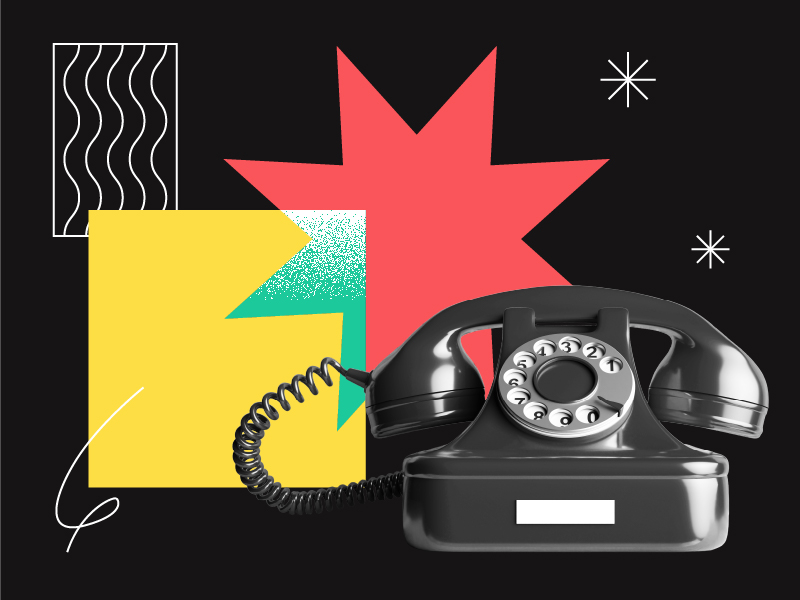 Un téléphone noir à cadran rotatif trône devant des formes abstraites colorées — une source d'inspiration idéale pour une agence de design —, composées d'un carré jaune, d'un motif en étoile rouge, de touches de bleu sarcelle et de vert, ainsi que de lignes géométriques blanches sur fond noir.