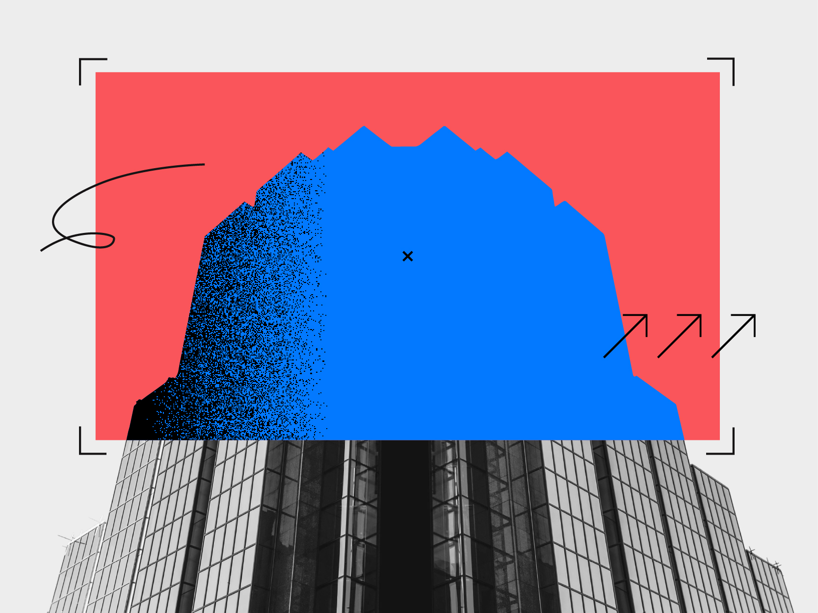Collage numérique abstrait représentant un immeuble en verre situé sous une forme géométrique rouge et bleue, agrémenté de flèches noires et d'un tourbillon. Le sommet de l'immeuble se fond dans les formes colorées, illustrant les thèmes de l'identité visuelle d'entreprise à travers un effet visuel moderne et surréaliste.
