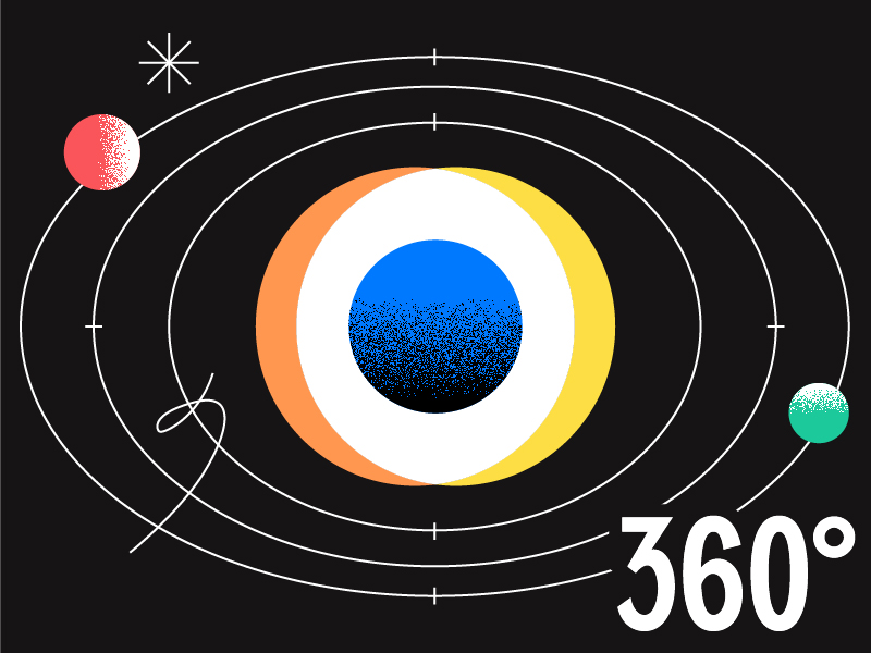 Illustration abstraite représentant, au centre, un cercle concentrique bleu et orange évoquant un œil, entouré de trajectoires orbitales blanches et de deux sphères colorées — une métaphore visuelle parfaite pour une campagne de marque à 360°. Un symbole en forme d’étoile et le texte « 360° » en caractères gras ressortent sur le fond noir.