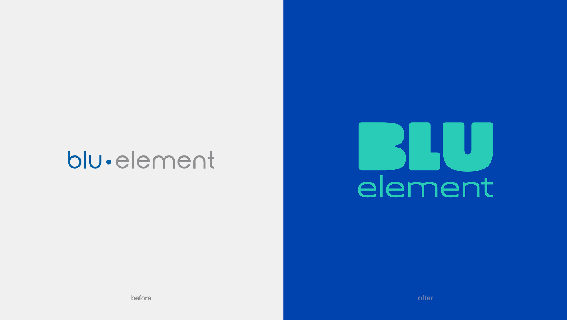 Comparaison côte à côte des logos de Blu Element : celui de gauche présente une inscription minimaliste « blu element » en gris et bleu sur fond blanc ; celui de droite présente une inscription « BLU element » audacieuse et moderne, en bleu sarcelle sur fond bleu.