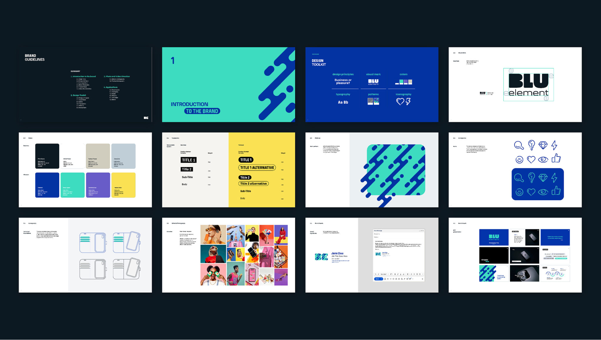 Une présentation de 15 diapositives consacrée aux directives de marque, comprenant des couleurs vives, des motifs géométriques, des exemples de typographie, les règles d'utilisation du logo, l'iconographie, des palettes de couleurs, des mises en page en grille et des exemples d'images, le tout sur fond sombre.