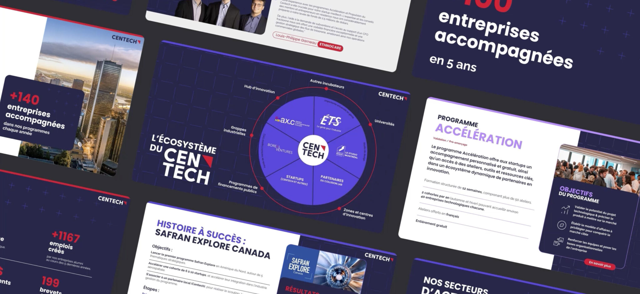 Un collage de diapositives de présentation du Centech, comprenant des statistiques, des descriptions de programmes, des logos d'entreprises et un schéma central intitulé « L'écosystème du Centech », le tout sur un fond bleu et violet.