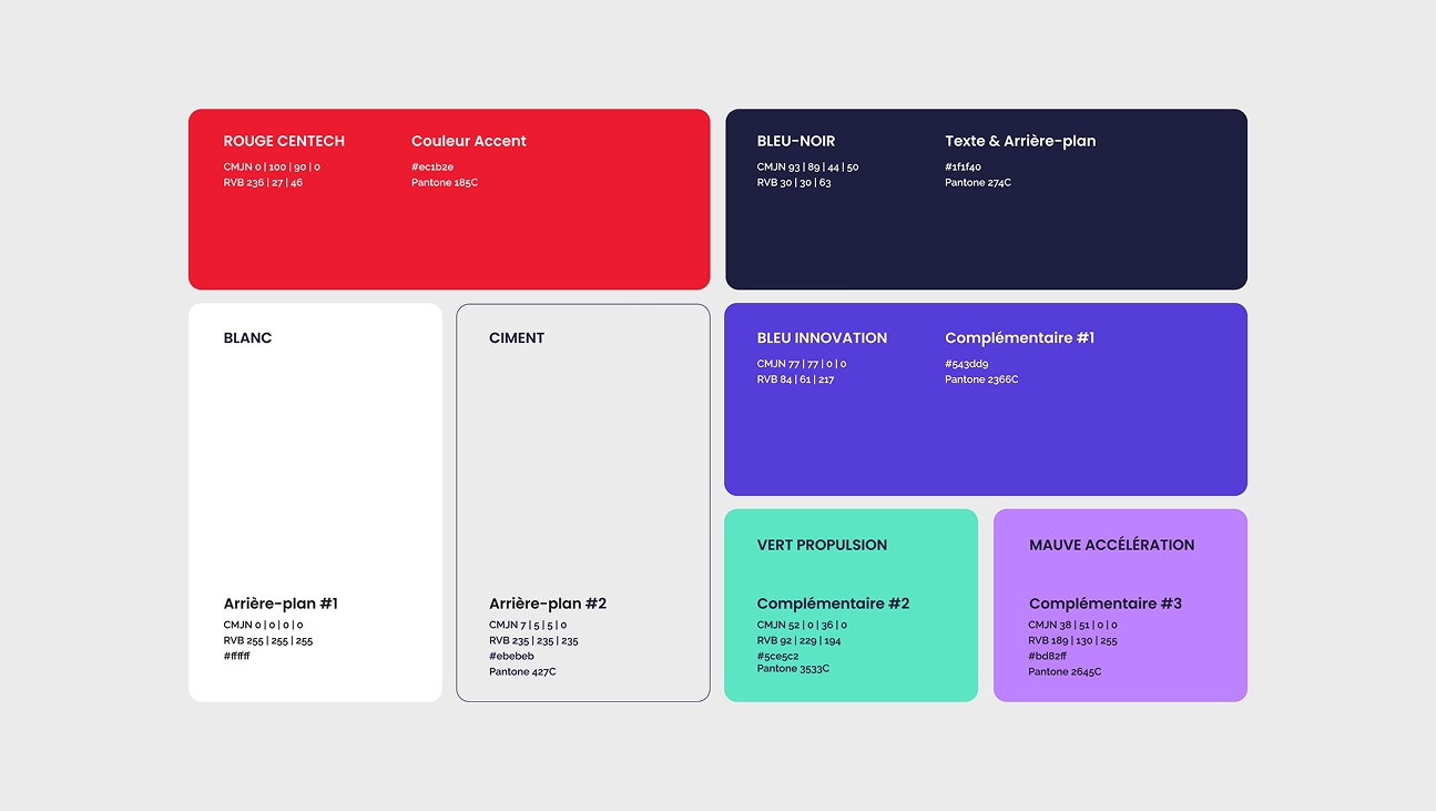Un guide de palette de couleurs comprenant des échantillons de couleurs étiquetés, notamment le rouge, le bleu, le violet, le vert, le blanc et le gris, chacun accompagné de codes de couleur et de conseils d'utilisation en français pour les arrière-plans, les accents et les couleurs complémentaires.