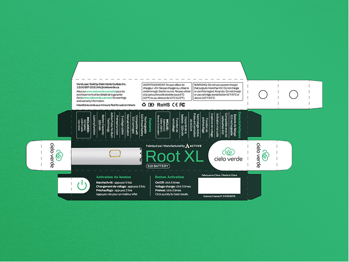 Un visuel d'emballage en noir et blanc, à plat et déplié, pour un produit appelé « Root XL » de la marque Cielo Verde est présenté sur un fond vert. Il comporte le logo de la marque, les instructions d'utilisation et les icônes réglementaires.