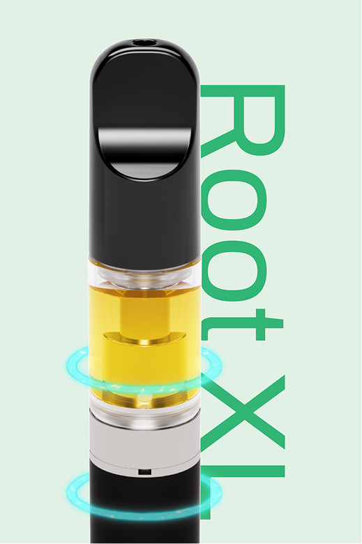Gros plan sur une cartouche de vapotage remplie d'un liquide jaune, entourée d'anneaux bleus lumineux et sur laquelle figurent les mots « Root XL » écrits verticalement en vert sur un fond vert clair.