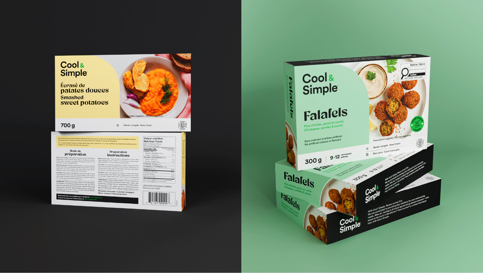Deux produits alimentaires emballés sont présentés : à gauche, une boîte de purée de patates douces avec une étiquette jaune ; à droite, des boîtes empilées de falafels dans un emballage vert et blanc, toutes deux portant la mention « Cool & Simple ».