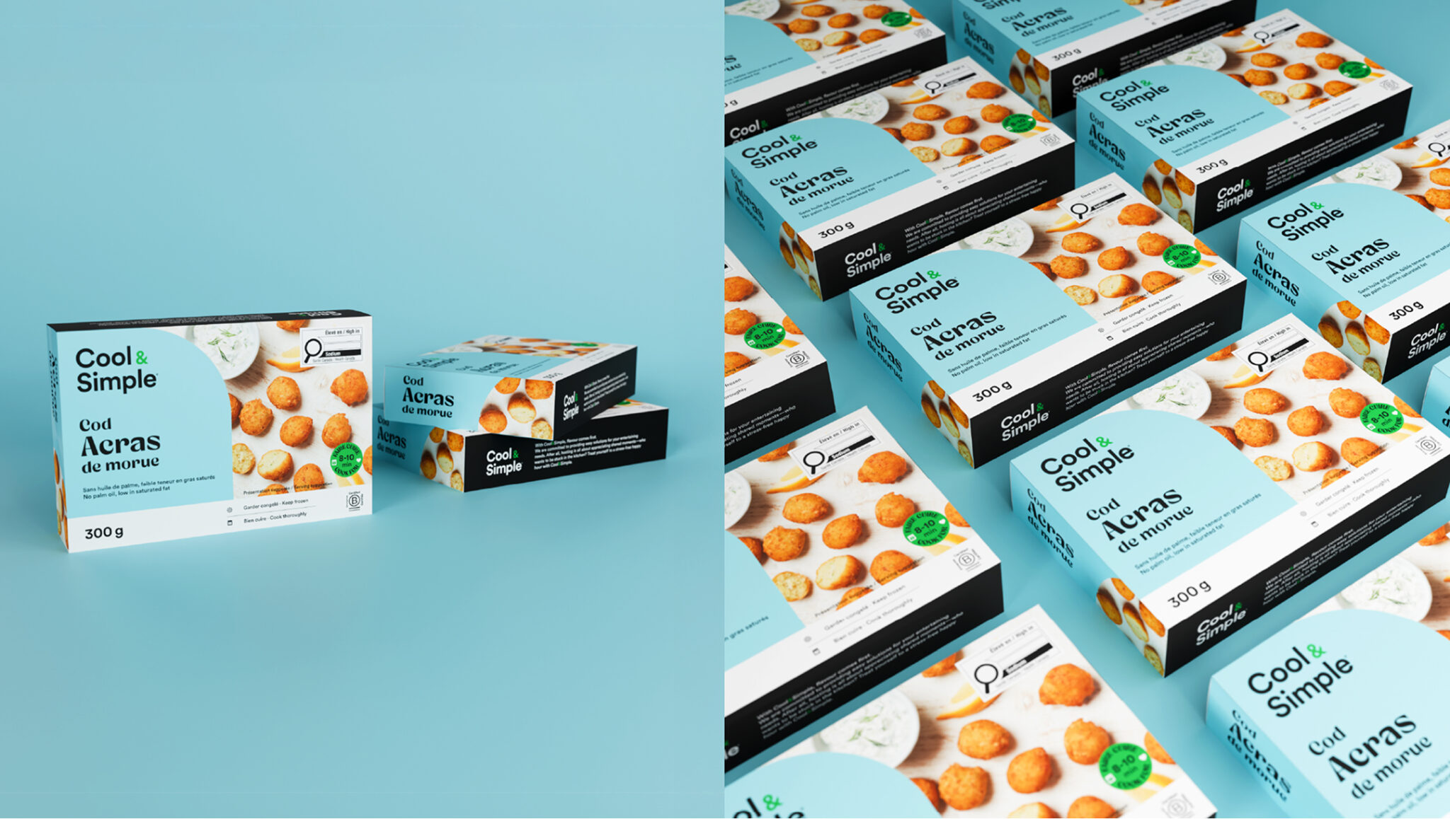 Des boîtes de beignets de morue de la marque « Cool & Simple » sont disposées sur un fond bleu clair. L'emballage comporte des photos de beignets de morue dorés ainsi qu'un étiquetage bilingue en anglais et en français.