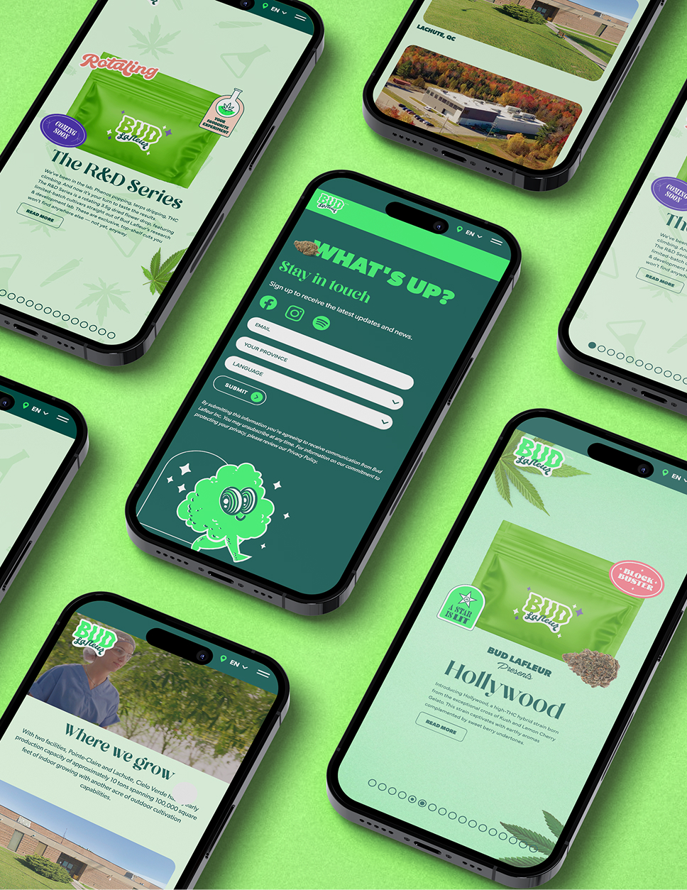 Neuf écrans de smartphones provenant d'un site web dédié aux produits à base de cannabis, présentant des images de produits, des formulaires d'abonnement et des rubriques d'information, le tout sur un fond vert vif.