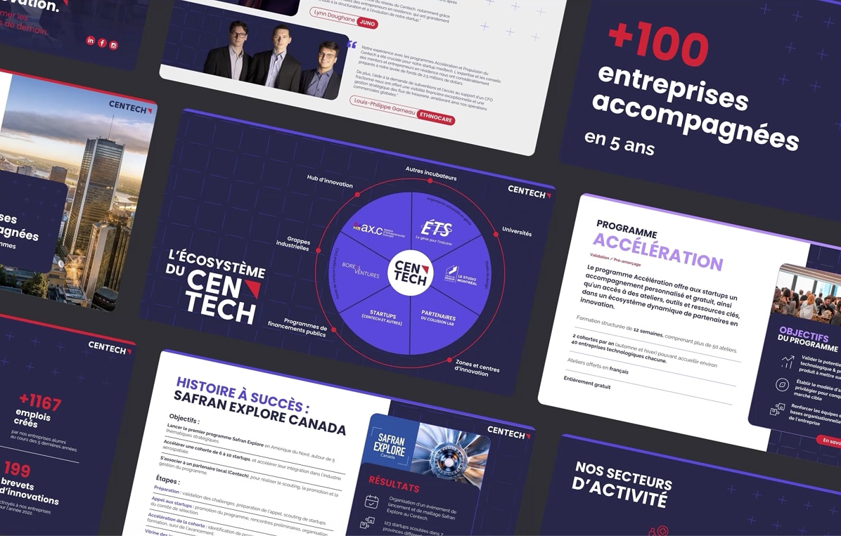 Un collage de diapositives de présentation consacrées à Centech. Parmi les points clés figurent « +100 entreprises accompagnées », un schéma circulaire illustrant l'écosystème, des exemples de réussite, les objectifs du programme et des statistiques sur les start-ups soutenues.
