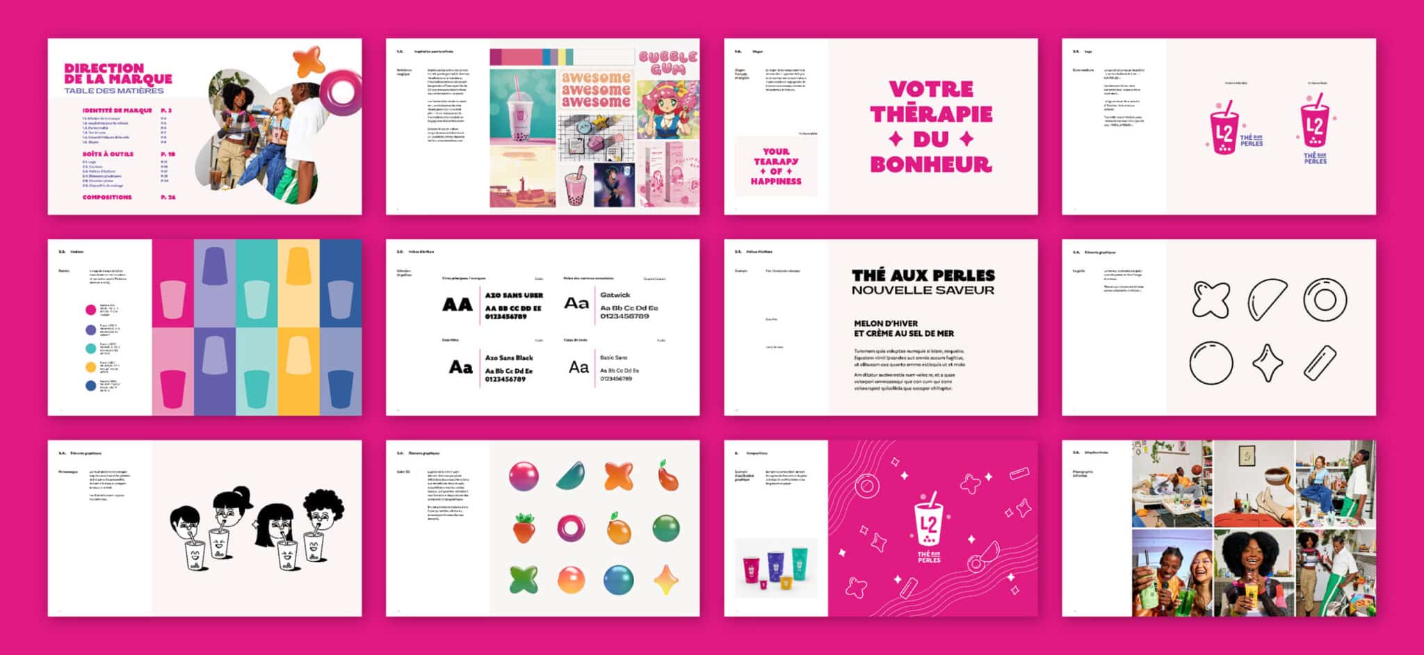 Un guide de style de marque aux pages colorées présentant des logos, des polices, des illustrations, des icônes, des motifs, des photos de produits — notamment des images ludiques de « Bubble Tea » — et des personnes souriantes. La mise en page se caractérise par des touches de rose et des motifs ludiques sur un fond rose vif.