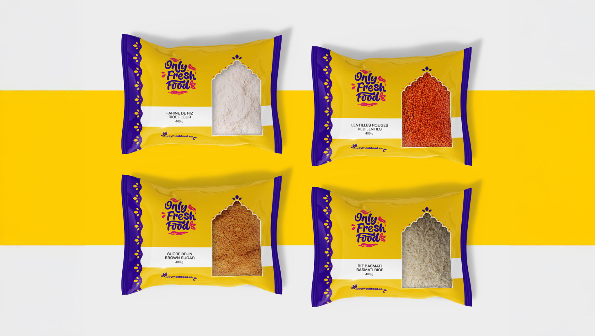 Quatre paquets de produits « Only Fresh Food » sur un fond jaune et blanc, chacun contenant un produit différent — de la farine, des lentilles rouges, du sucre roux et du riz basmati — dans des emballages « Fresh Food » aux couleurs vives, violet et jaune.