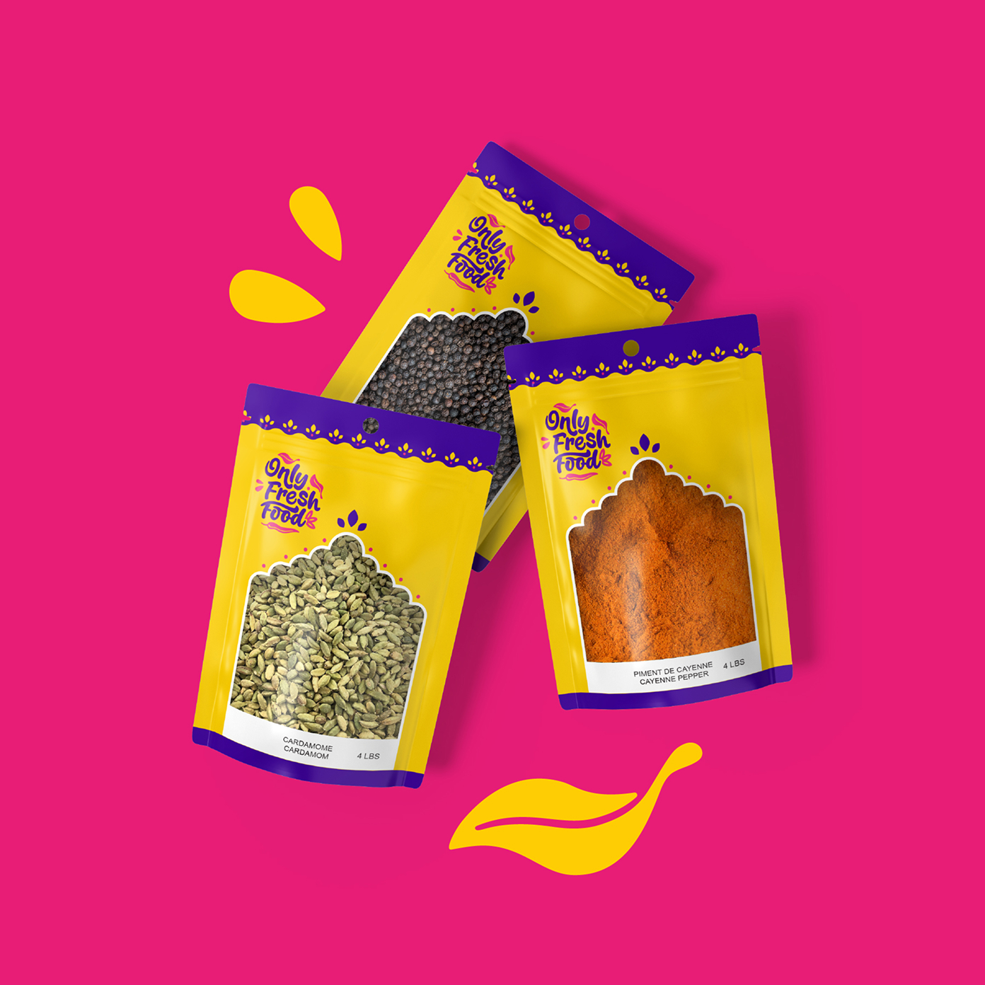 Trois sachets refermables jaunes et violets portant la mention « Only Fresh Food » sont représentés sur un fond rose vif ; ils contiennent des graines et des épices fraîches et sont entourés de motifs décoratifs représentant des feuilles jaunes.