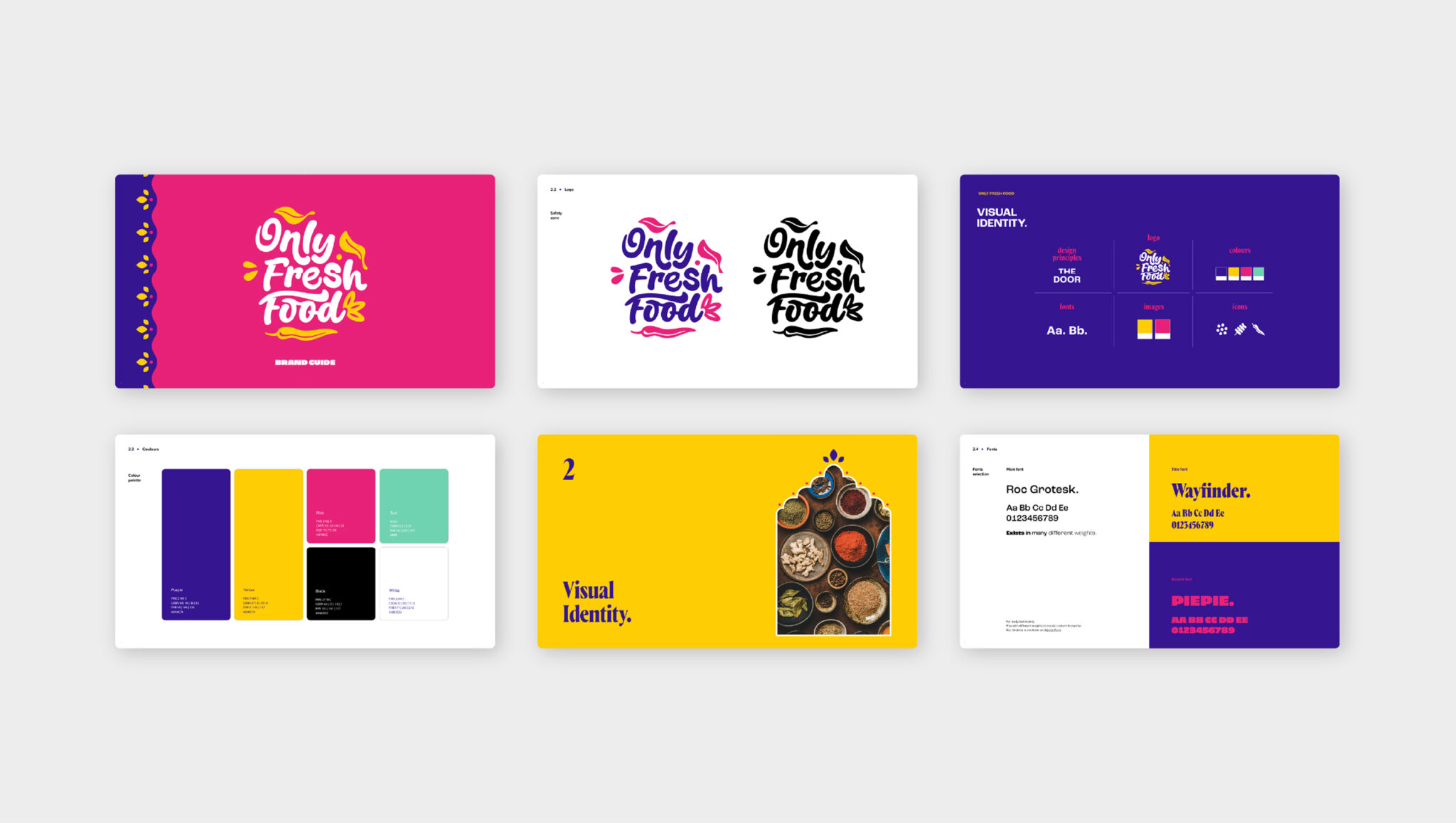 Six diapositives colorées présentent l'identité visuelle de la marque Only Fresh Food, avec ses logos, ses palettes de couleurs, sa typographie et des images de plats appétissants sur des fonds roses, blancs, jaunes et violets.