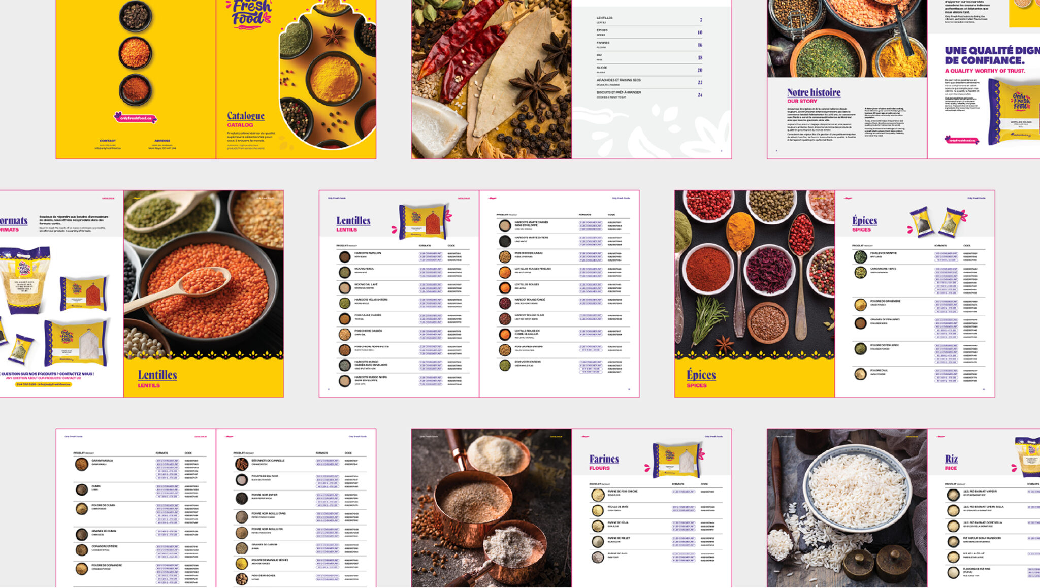 Un collage de pages tirées d'un catalogue gastronomique présentant des épices colorées, des lentilles, des céréales et des emballages de produits frais, avec des listes d'ingrédients en français et en anglais. Le design, rehaussé de touches de jaune et de photos éclatantes, met en avant uniquement une sélection de produits frais.