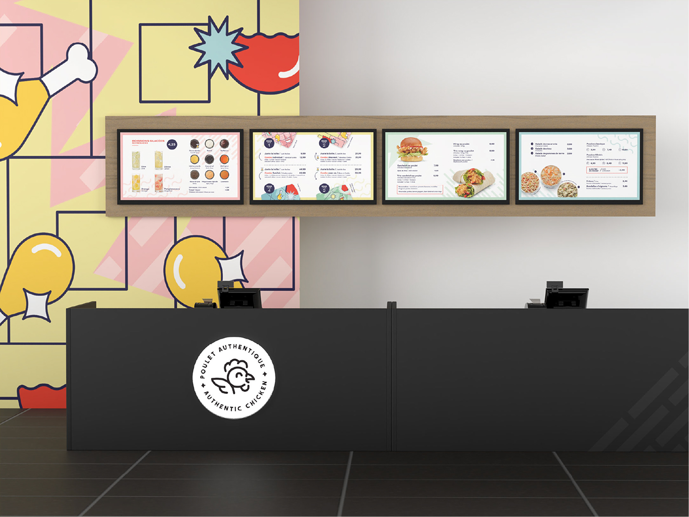 Le comptoir d'un restaurant de restauration rapide, avec un panneau avant noir sur lequel figure le logo circulaire d'Olivia's Chicken. Derrière le comptoir se trouvent quatre écrans numériques affichant le menu et un mur coloré orné de graphismes représentant des pilons de poulet de dessin animé et des sauces.