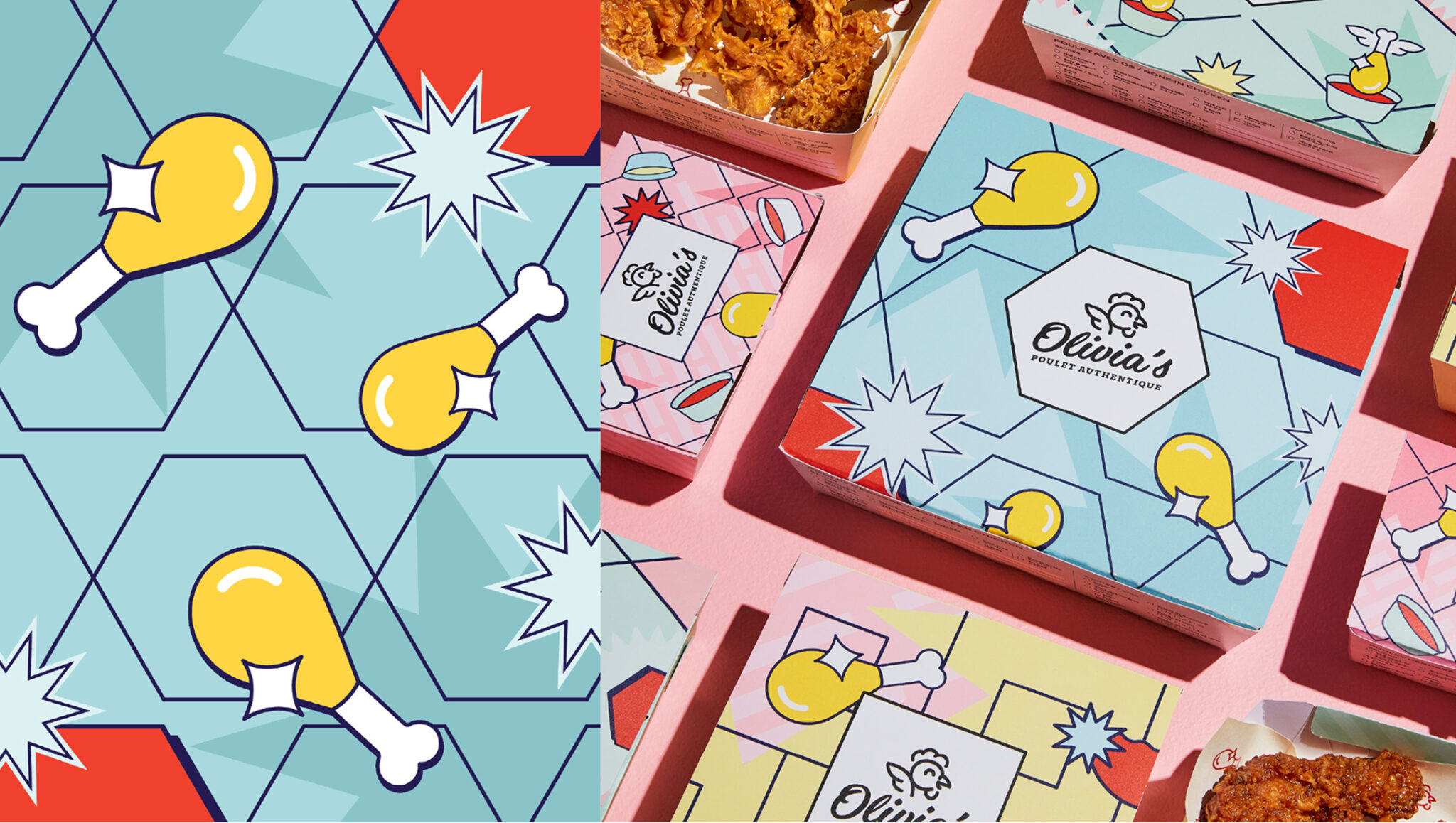 Des boîtes à emporter colorées ornées de pilons de poulet dessinés, de motifs en forme d'étoiles et de motifs hexagonaux. L'une d'elles arbore le logo illustré « Olivia’s Chicken ». On aperçoit une partie du délicieux poulet frit : un véritable régal de poulet authentique.