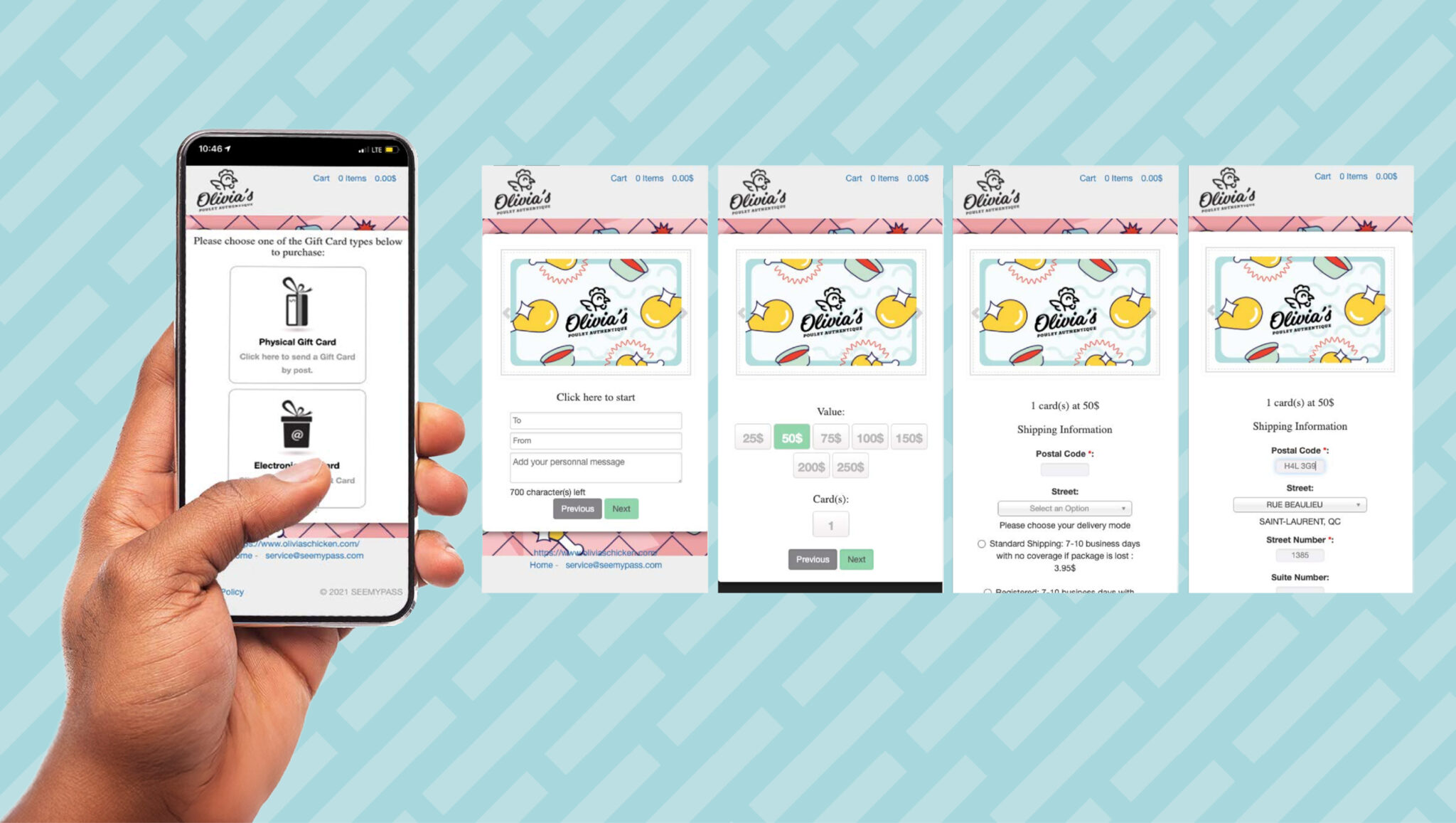 Une main tient un smartphone sur lequel s'affiche l'écran de sélection d'une carte cadeau numérique. En arrière-plan, quatre pages web vous guident tout au long du processus d'achat en ligne d'une carte cadeau « Authentic Chicken » de Chick-fil-A, en précisant notamment le type de carte, son montant et les informations relatives à la livraison.