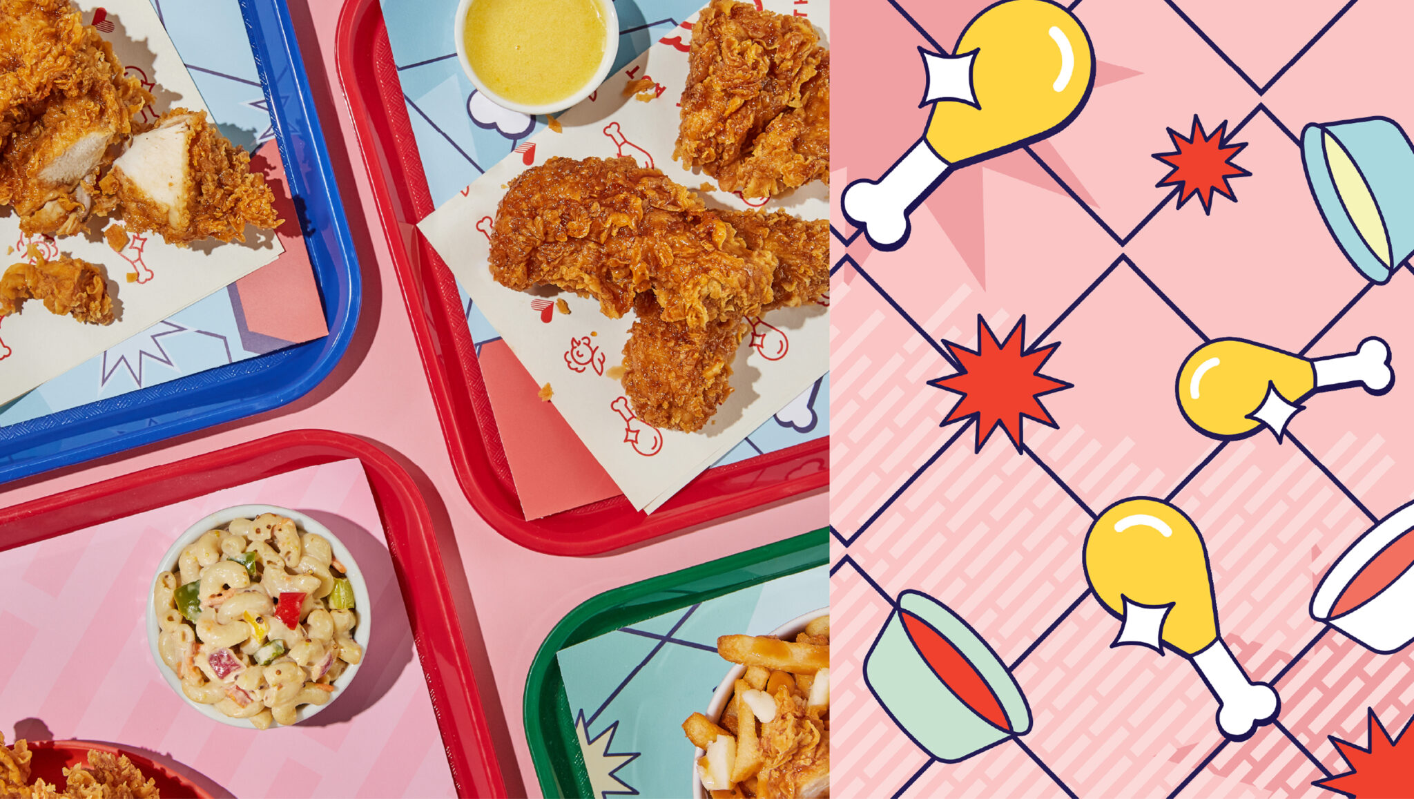 À gauche, des plateaux colorés proposant du poulet authentique, des frites et une salade de pâtes d'Olivia's ; à droite, des pilons de poulet illustrés de manière ludique accompagnés de sauces à tremper, le tout sur un fond à motifs roses.