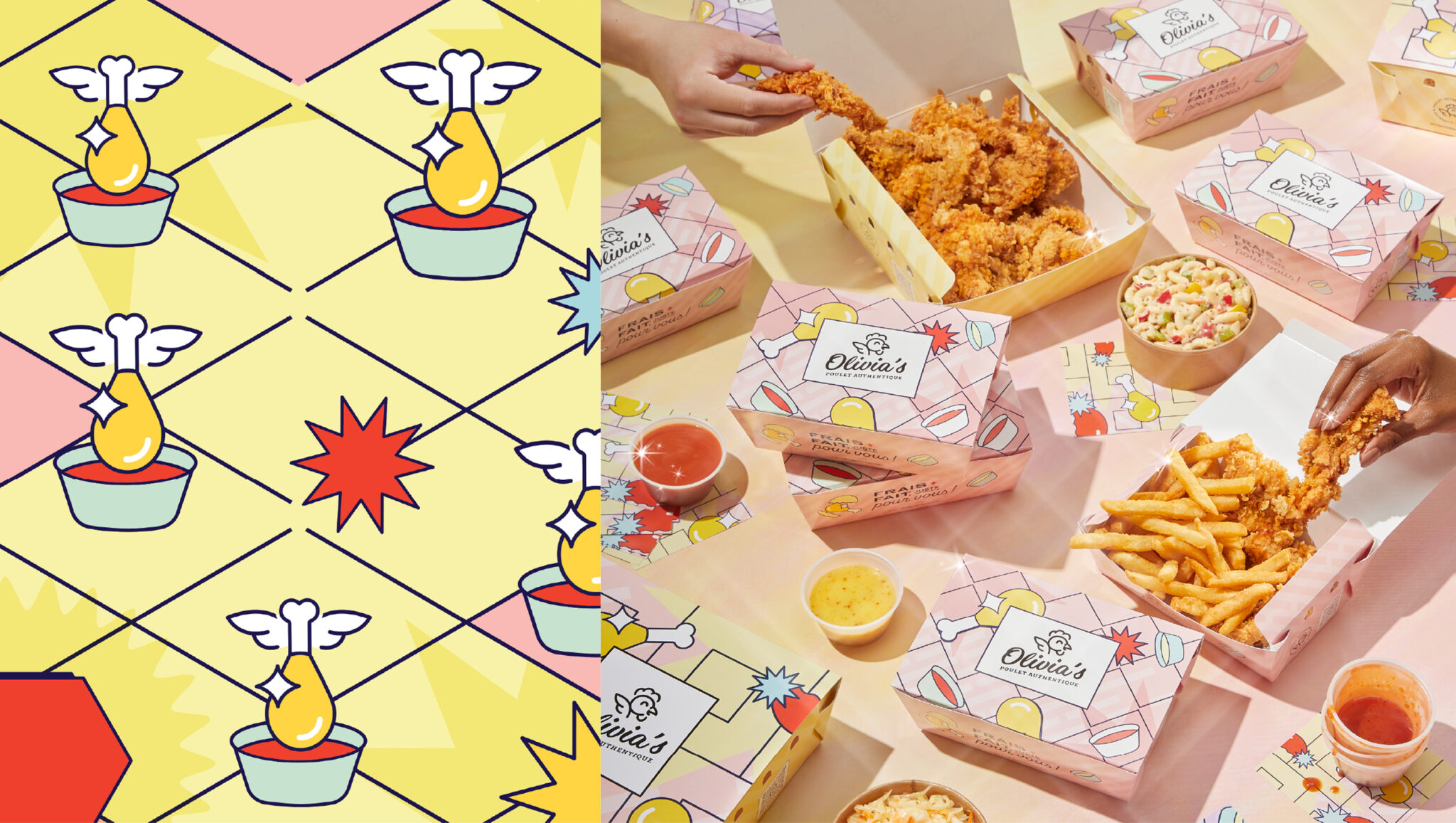 Une image en deux parties : à gauche, un motif coloré représentant des pilons de poulet de dessin animé dans des seaux et des éclats rouges ; à droite, des mains tendues vers les plats d’Olivia’s Chicken, les frites, les sauces et les délices en boîte de ce restaurant de poulet authentique aux emballages aux couleurs pastel.