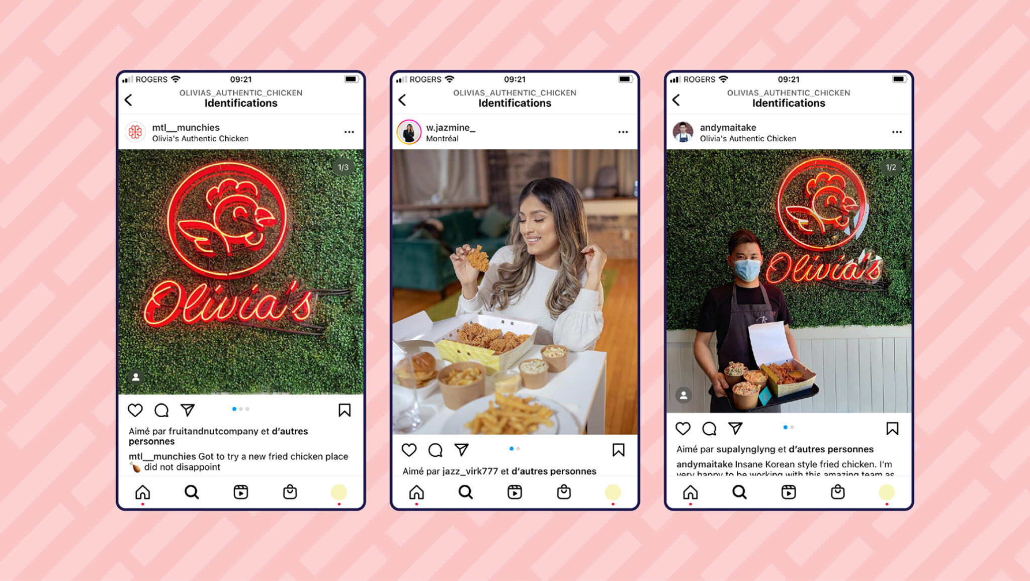 Trois publications Instagram mettent en avant Olivia’s Chicken. La première montre des boîtes de repas, la deuxième une femme souriante avec un « Authentic Chicken » et des frites, et la troisième un membre du personnel portant un masque et tenant un plat — toutes avec une enseigne « Olivia’s » au néon en arrière-plan.