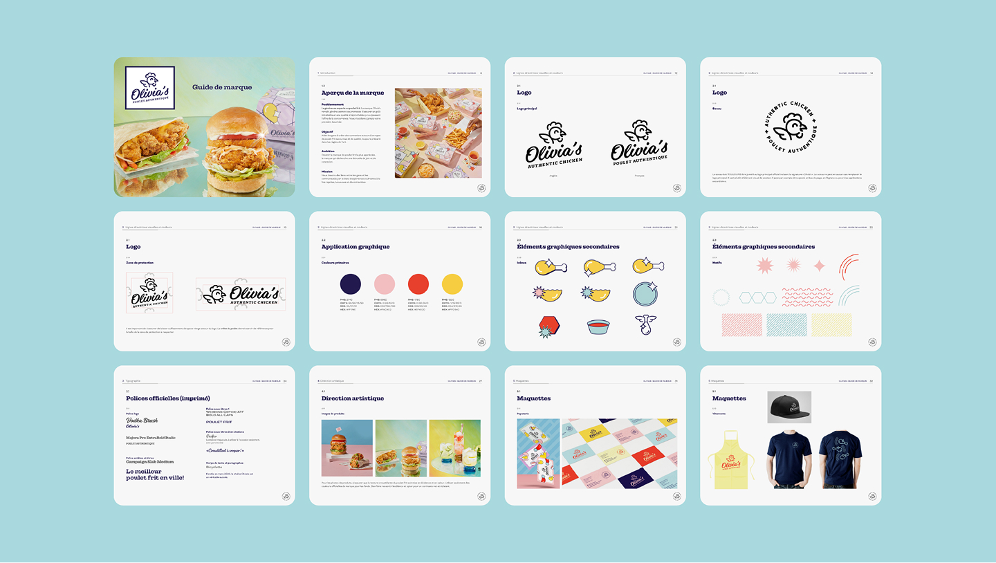 Une présentation de l'identité visuelle de « Olivia’s de Marisque » présente des concepts de logo, des palettes de couleurs, des éléments graphiques, des emballages, des produits dérivés, la typographie, des icônes illustrées et le charte graphique — une source d'inspiration idéale pour le poulet d'Olivia ou une recette de poulet authentique.