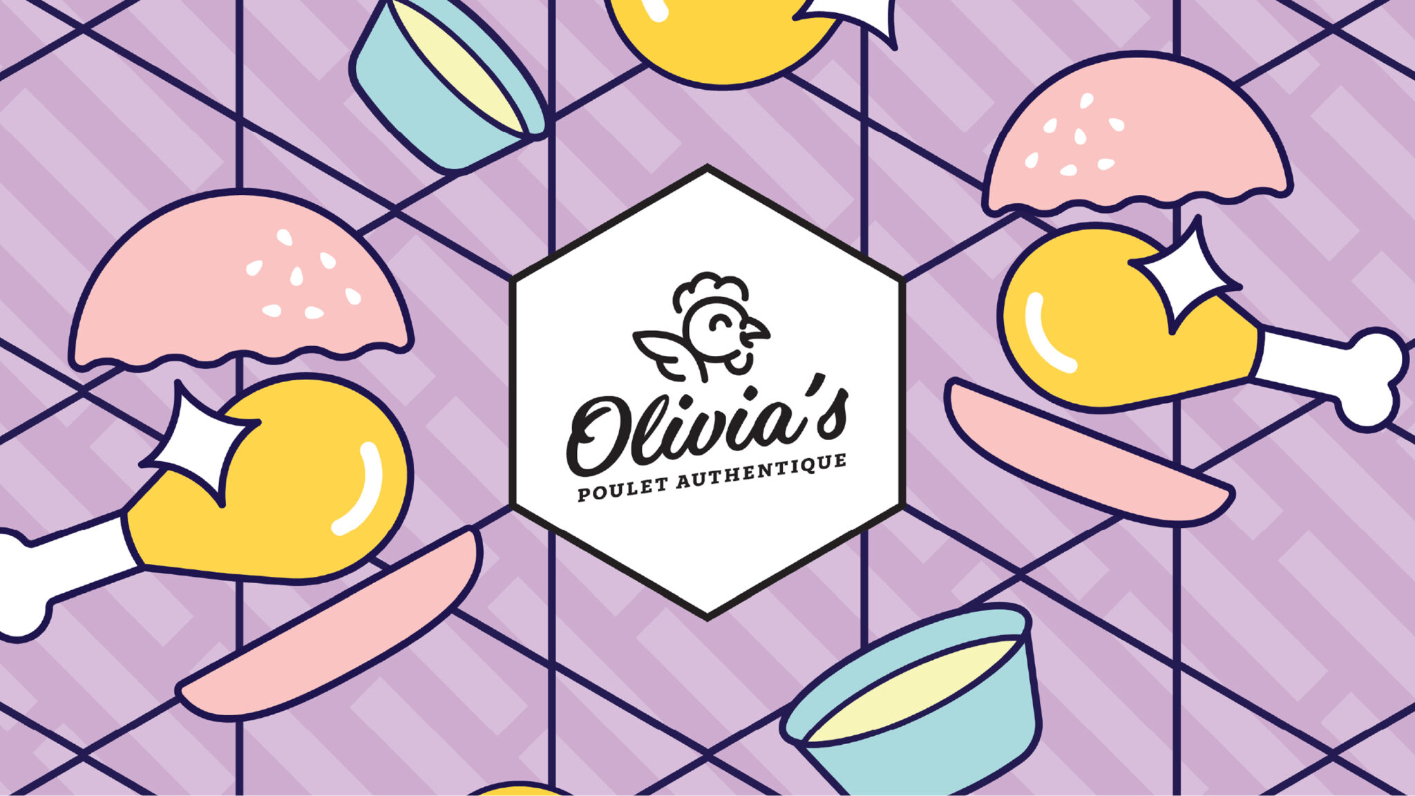 Un motif ludique et illustré composé de pilons de poulet, de petits pains et de bols entoure un hexagone blanc sur lequel figurent l'inscription « Olivia's Poulet Authentique » et un logo représentant un poulet de bande dessinée, mettant ainsi en valeur ce restaurant spécialisé dans le poulet authentique sur un fond géométrique violet.
