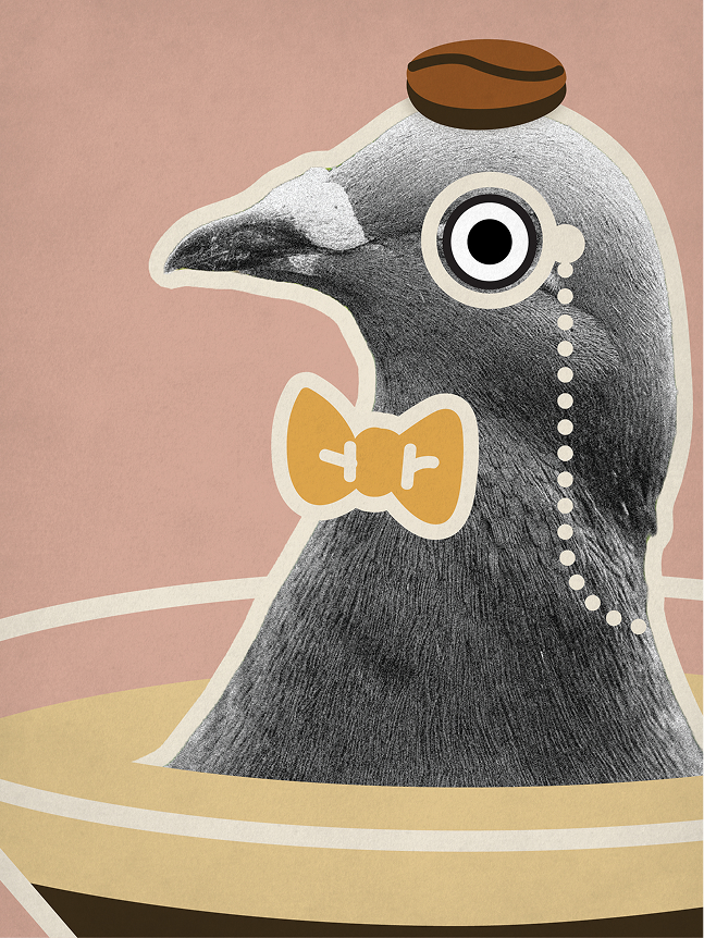 Illustration stylisée représentant un pigeon coiffé d'un petit chapeau marron, portant un nœud papillon jaune et un monocle muni d'une chaîne à perles, le tout sur fond rose orné de formes abstraites.
