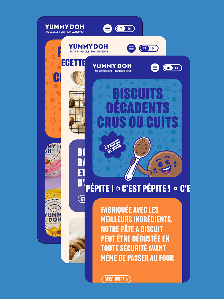 Trois écrans de smartphone colorés, superposés, affichent une application consacrée à la pâte à cookies en français, avec des icônes ludiques, des cookies et un texte en caractères gras vantant les mérites d'une pâte à cookies sûre et gourmande, qui peut être consommée crue ou cuite au four. Fond bleu.