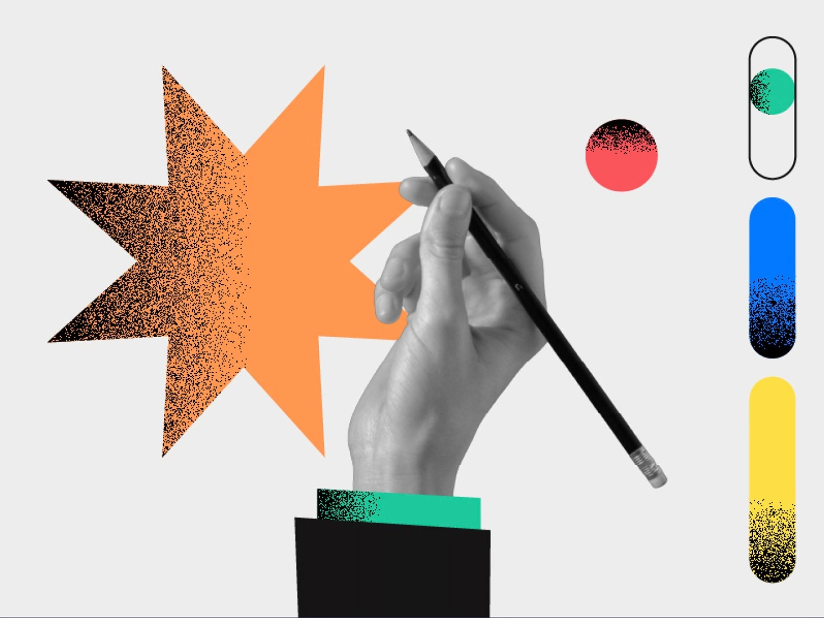 Une main tenant un crayon est placée au centre d’un motif en forme d’étoile orange, composé de formes abstraites et de dégradés de couleurs verticaux, sur un fond gris.